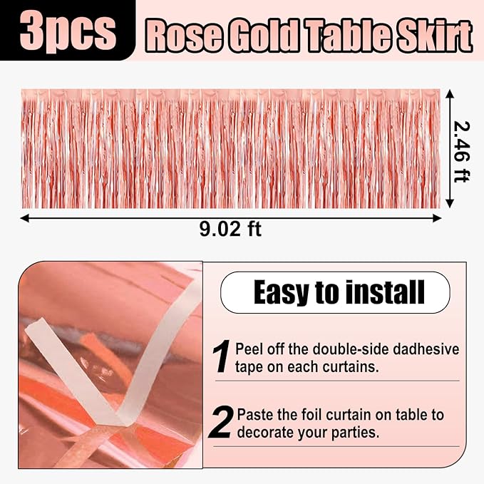 3 Pack 29x108 Inch Rose Gold Foil Fringe Table Skirts Metallic Banner for Tinsel Streamer Garland Backdrop for Parade Floats Wedding Thanksgiving Birthday Christmas Halloween Party Decoration