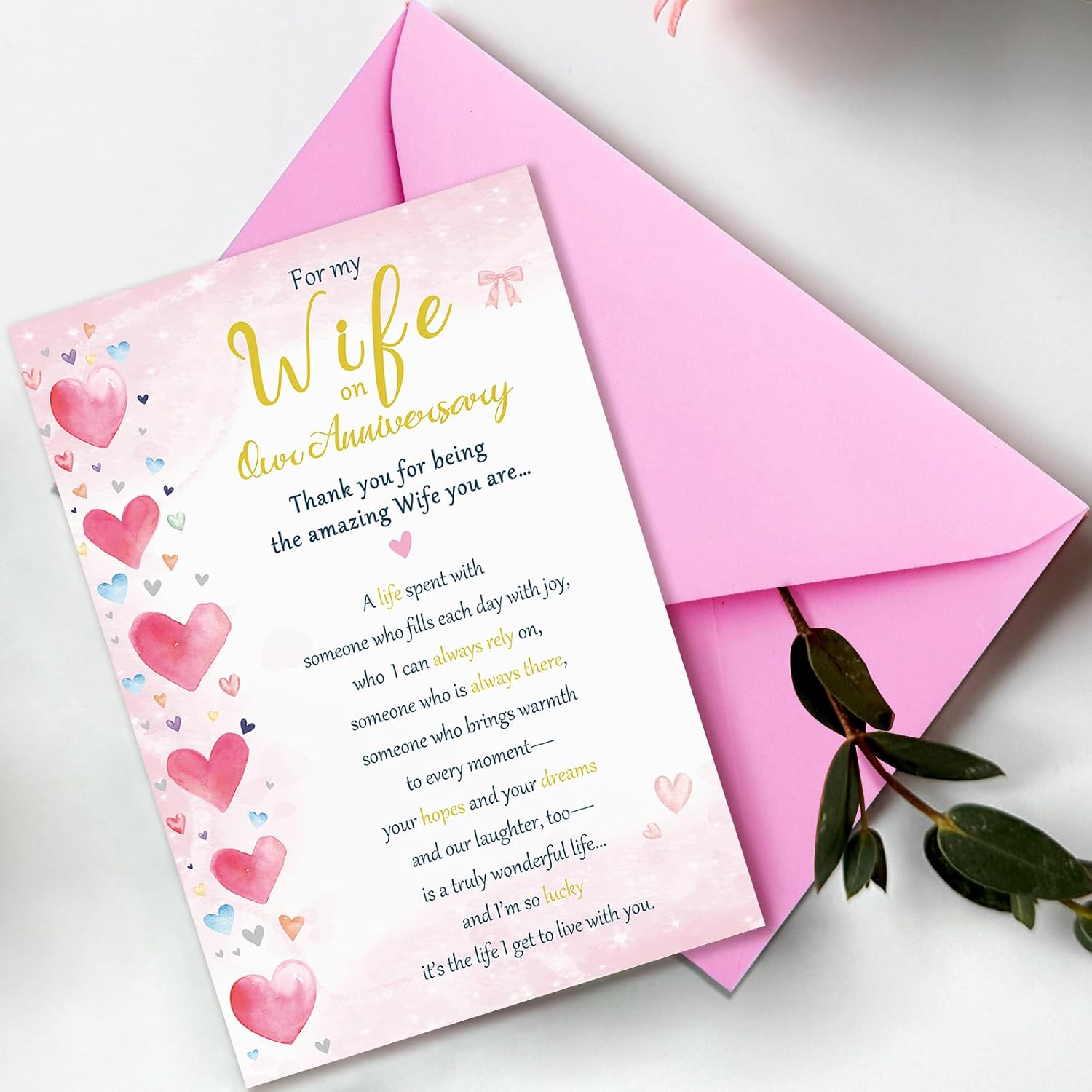 Beixian Anniversary Cards for Wife | Happy Wedding Anniversary Card Gift for Wife from Husband 8x5.3 Inches, Double Sided, with Matching Pink Envelope