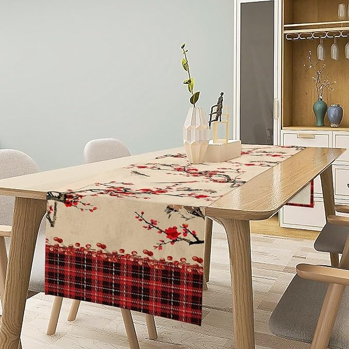 Bird Table Runner,Red Black Buffalo Plaid Blossom Seasonal Table Runner for Kitchen Dining Table Decoration Home Party Decor 13x36 Inch