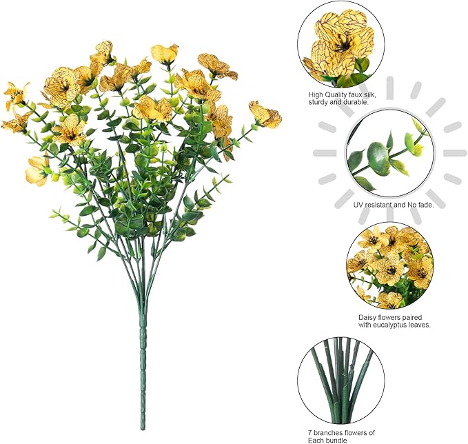 HyeFlora Artificial Fall Flowers Faux Mums for Outdoor Indoor Garden Home Decoration, Faux Flower Daisy with Eucalyptus Leaves Fake Plants Greenery Boxwood Porch Patio, 12 Bundles (Yellow)