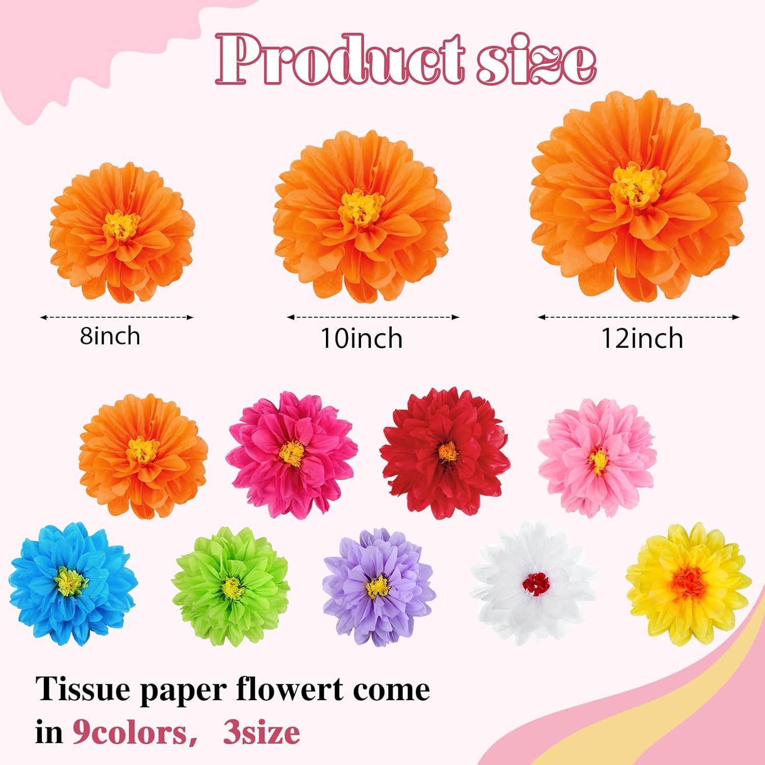Geyee 27 Pcs Mexican Paper Flowers Fiesta Tissue Paper Flowers Colorful Crepe Flower Mexican Fiesta Party Decorations for Floral Backdrop Carnival Wedding Birthday Party Craft Wall Decor (8" 10" 12")