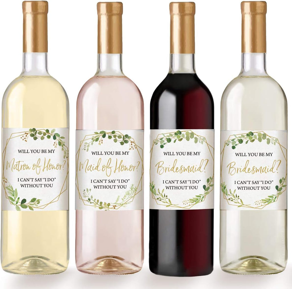 Printed Party Bridesmaid Proposal Wine Bottle Label Gift, Greenery, Set of 8