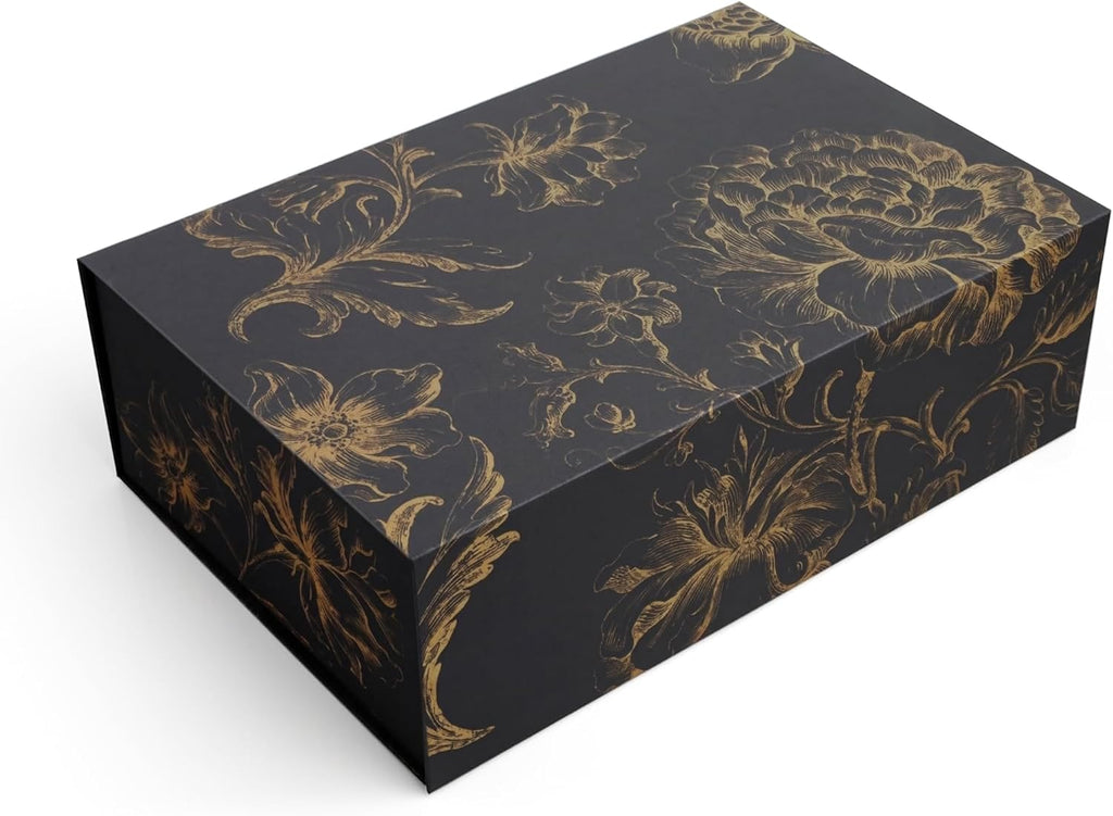 Sorarto Luxury Keepsake Gift Box | Black Gold Floral Decorative Boxes with Magnetic Lids for Presents, Wedding Memory Box, and Bridal Gifts. 13.5" x 9" x 4.3"
