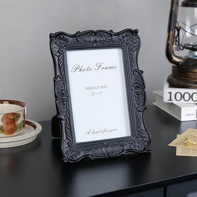 Cuspin 5x7 Black Picture Frame, Vintage Ornate Decorative Hand-Carved Resin Photo Frame with Detailed Design for Tabletop Display or Wall Hanging, Black Home Decor