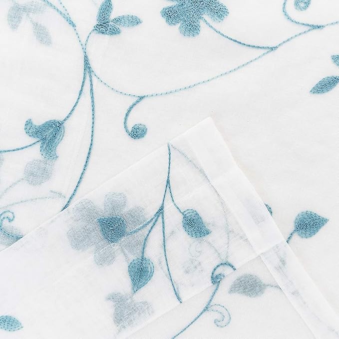 Floral Embroidery Sheer Curtains Blue 95 Inches Long, Window Treatments Rod Pocket Drapes for Living room, Bedroom, Semi Crinkle Voile Curtain Panels for Yard, Patio, Villa, Parlor, Set of 2, 52"x95".