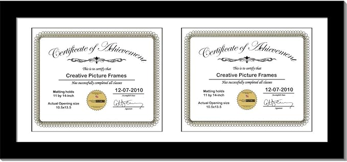 Creative Picture Frames 14X30Bk-W Black Horizontal Double Diploma Frame With 2 Opening White Mat, Holds 2-11X14-Inch Documents With Wall Hanger