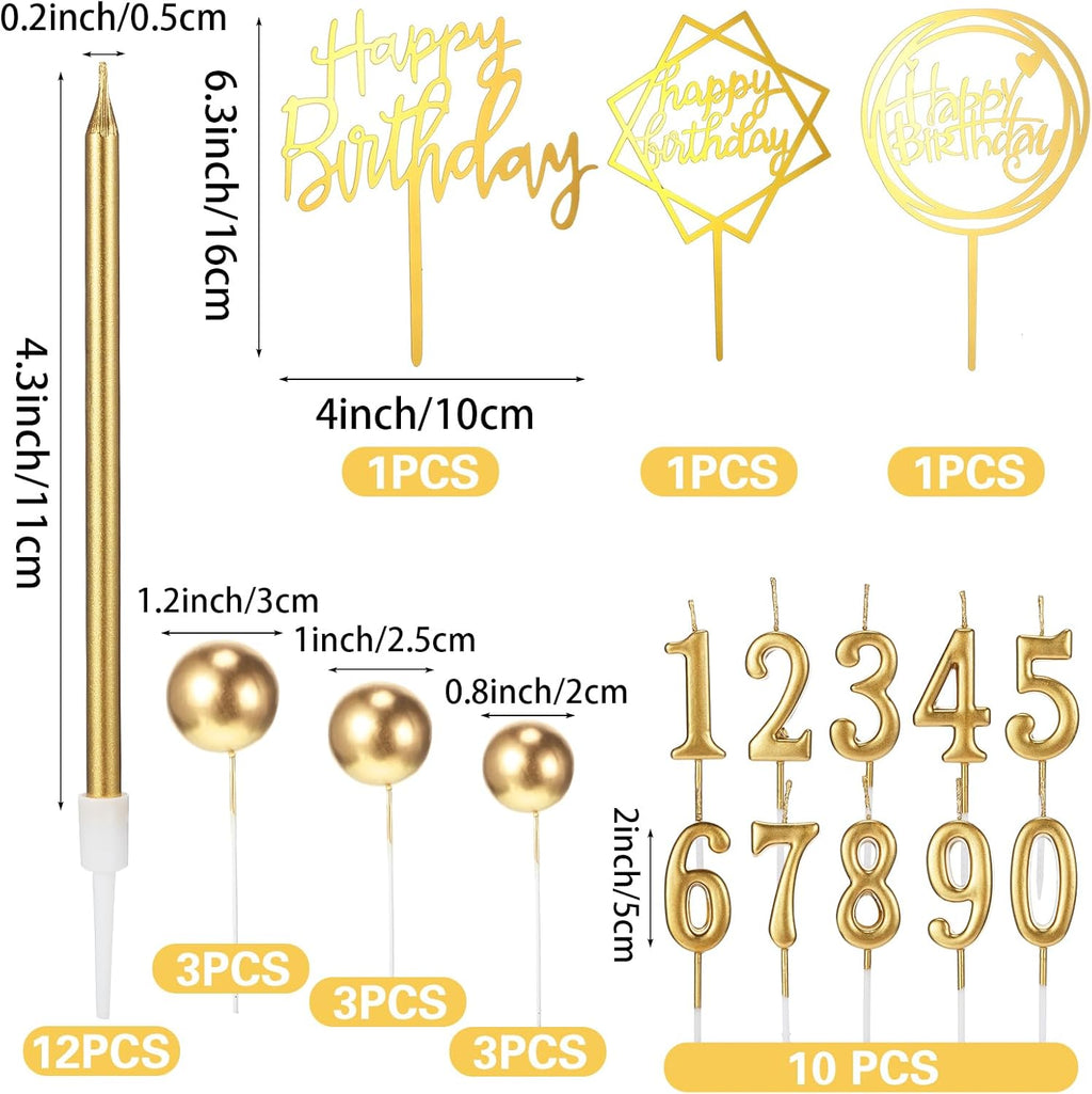 Yerliker 34 Pcs Happy Birthday Cake Toppers Decorations Birthday Candles DIY Cake Decor for Men Women Wedding Anniversary(Gold)