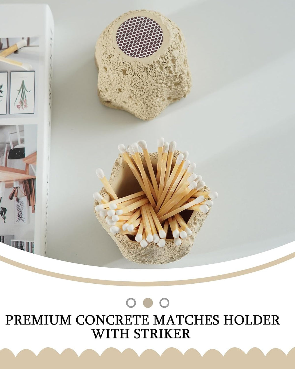 Concrete Matches Holder with Striker-Beautiful Petal Shape Match in Jar-for Cute/Fancy/Long Candle Match,Refresh Any Modern Home Decor with Premium floral Jar-No Matches (milky beige)