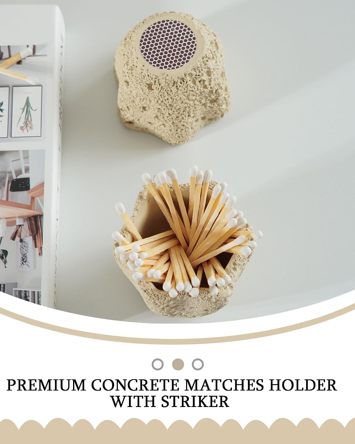 Concrete Matches Holder with Striker-Beautiful Petal Shape Match in Jar-for Cute/Fancy/Long Candle Match,Refresh Any Modern Home Decor with Premium floral Jar-No Matches (milky beige)