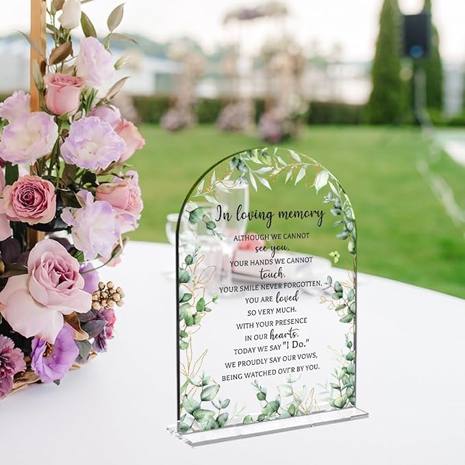 Wedding Sign Decor, In Loving Memory Wedding Sign, 5x7 Inch Arch Acrylic, Weddings Sign for Reception & Event, Bridal Shower Decorations, Wedding Table Sign Accessories for Anniversary Party(Foliage)