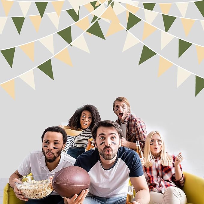 32Ft Sage Green Party Decorations Olive Green Tan Brown Cream Neutral Triangle Flag Fabric Banner Pennant Bunting Garland Streamers for Birthday Wedding Baby Shower Woodland Jungle Safari Party Decor