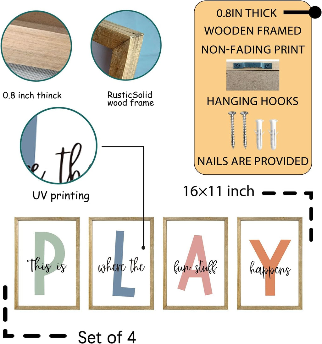 This Is Where The Fun Stuff Happens Kids Playroom Wall Art Decor 16x11 Inch Set Of 4 Rustic Kids Wood Framed Sign Toddler Modren Nursery Interesting Let's Play Prints Wall Hanging (Wood)