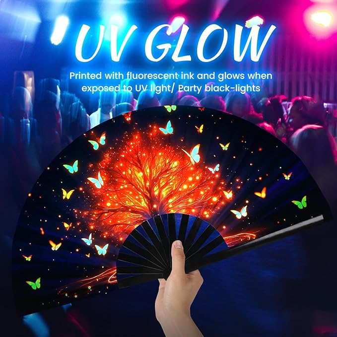 SYNTECSO Folding Hand Fan for Rave, Popping Fan for Line Dancing, Drag Queen, Women and Men Gift，Chinese Japanese UV Glow Clack Fan for Parties, Music Festivals, EDM and Decoration