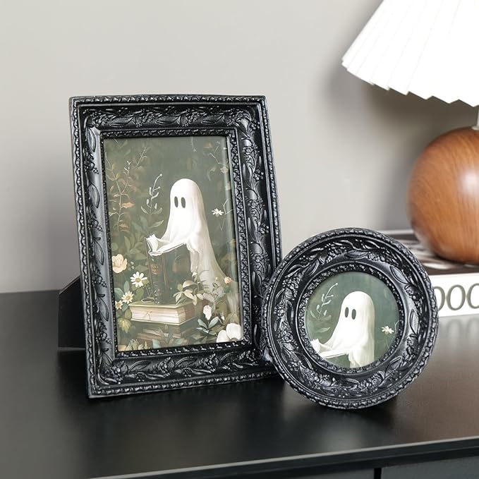 Cuspin Black Picture Frame Set of 2 Vintage Baroque Frames, Ornate Resin Photo Frame with 4x6 Picture Frame and 3x3 Round Frame, Antique Decorative Design for Tabletop Display or Wall Hanging
