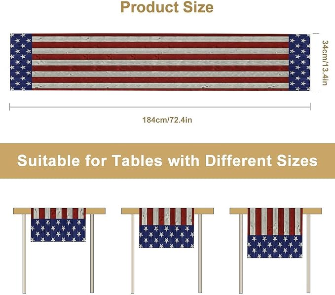 American Flag Table Runner, 4th of July USA Rustic Vintage Wooden Blue Red Stars Stripes Print Table Runner for Farmhouse Kitchen Dining Table Decor, 13x70inch