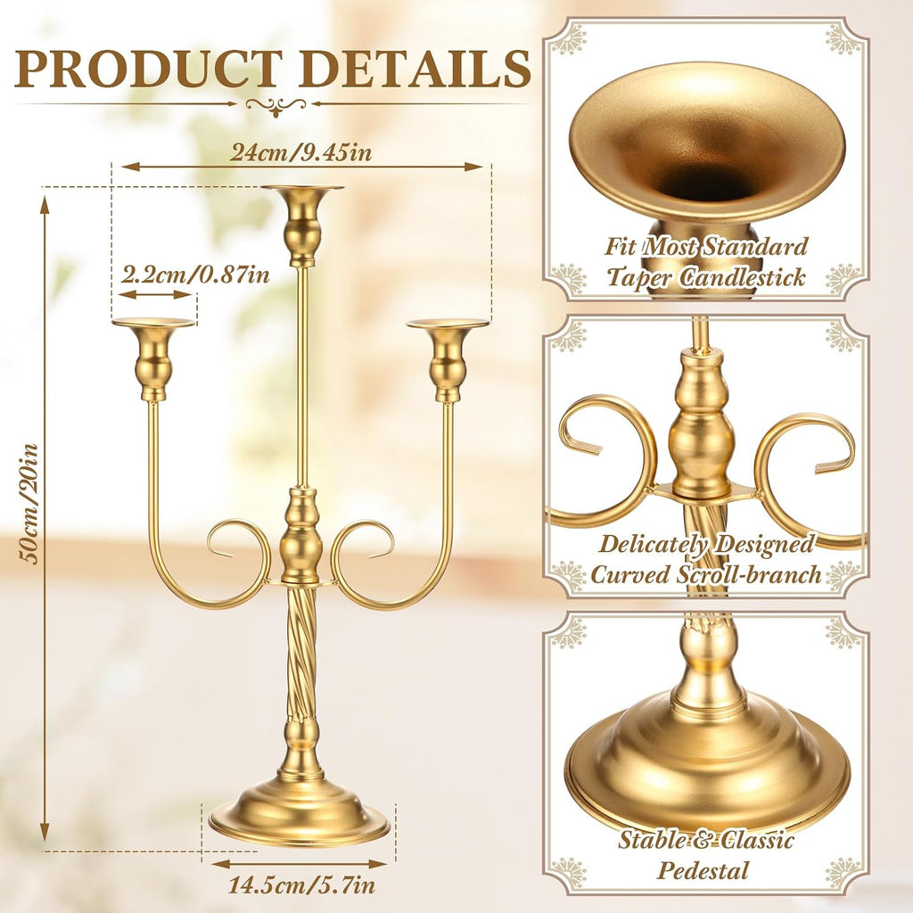 Rtteri 6 Pcs Gold Candelabra Candlestick Holder Metal Candle Stand Candelabra for Taper Candles Table Centerpieces Wedding Christmas Holiday Birthday Party (9.5 x 9.5 x 19.7 Inch,3 Arm)