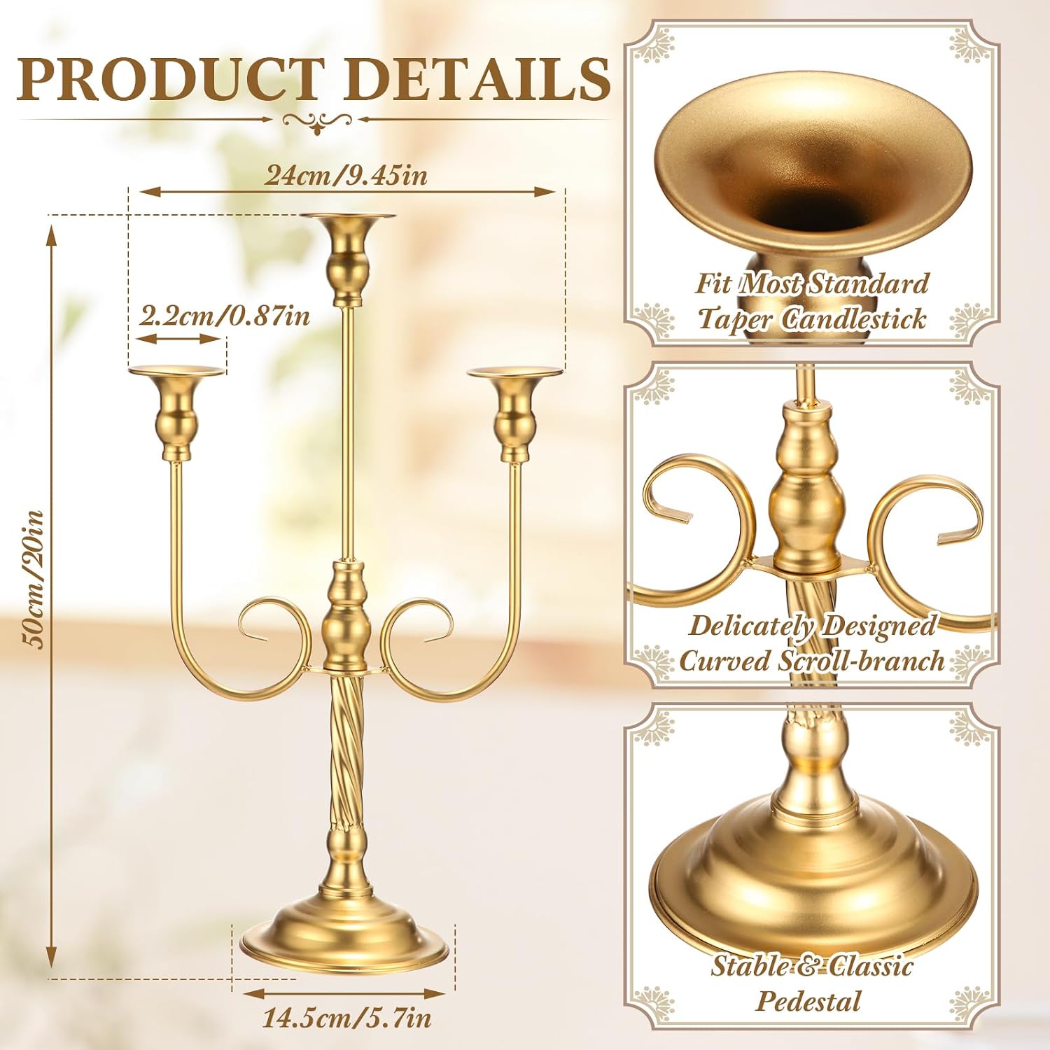 Rtteri 6 Pcs Gold Candelabra Candlestick Holder Metal Candle Stand Candelabra for Taper Candles Table Centerpieces Wedding Christmas Holiday Birthday Party (9.5 x 9.5 x 19.7 Inch,3 Arm)