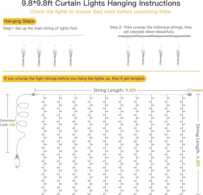 suddus Curtain Lights for Bedroom, 300 Led 9.8x9.8ft Hanging String Lights Outdoor, Fairy Curtain Lights Indoor for Christmas, Dorm, Wall, Backdrop, Window, Wedding, Party, Birthday Decor, Warm White