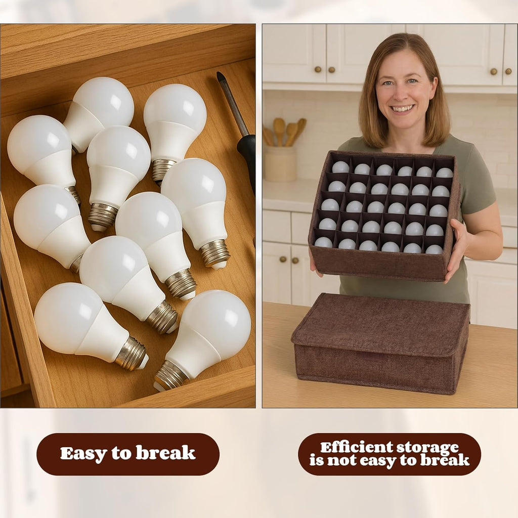 1 Pcs Light Bulb Organizer Storage Box Ornament Storage with 30 Dividers Foldable Bulbs Organizer with Lid Sturdy PP Board Fits Various Standard Dustproof Fabric Case for Home Vbs (Coffee)