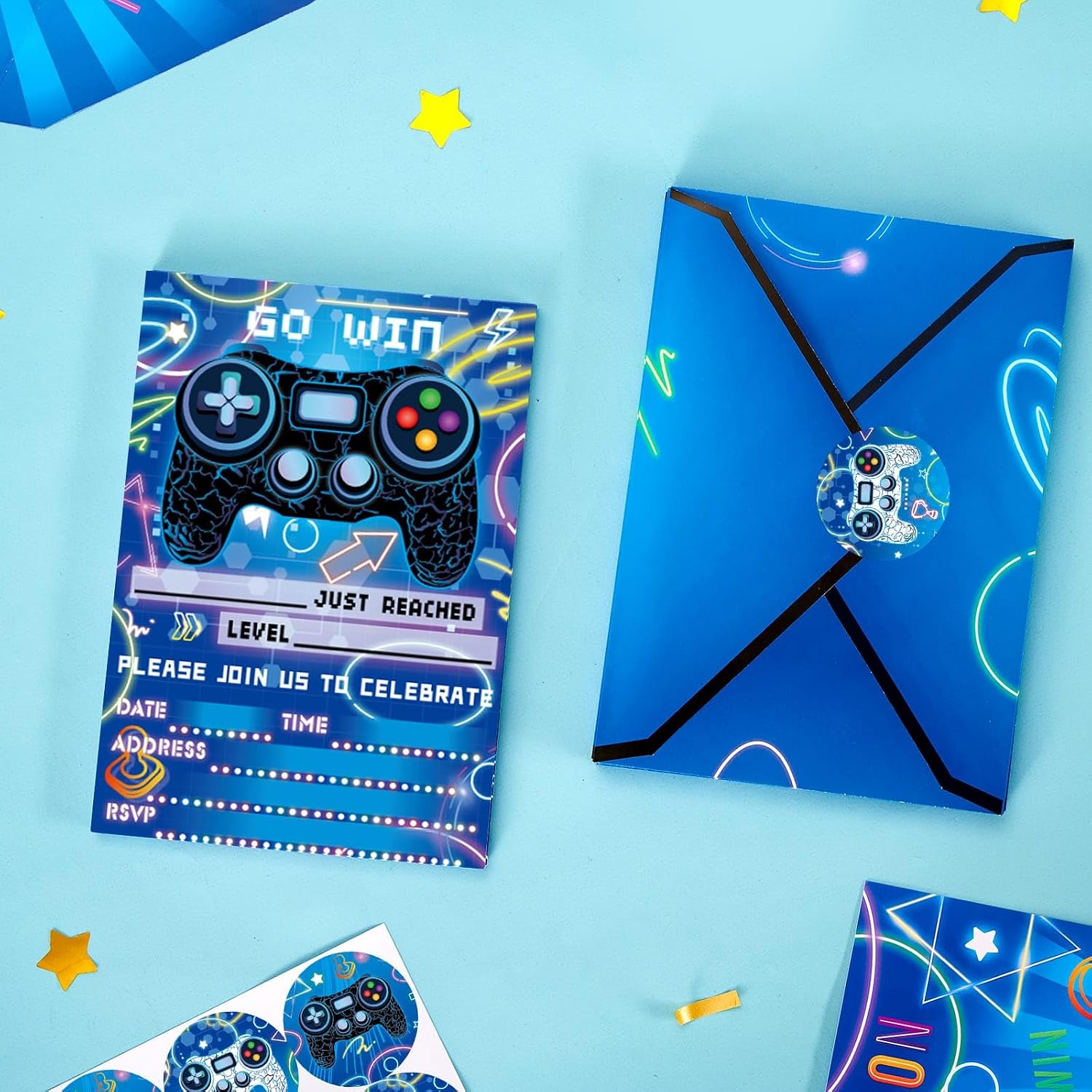 WERNNSAI Video Game Party Invitation - 24 Set Fill-in Blue Gaming Birthday Invitation Cards with Envelopes Sticker for Boys Kids Double-Sided Printed Game On Invitations for Celebration Party Supplies