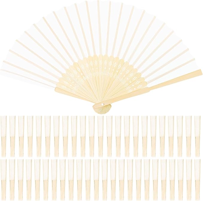 URATOT 48 Pieces White Folding Fans Silk Bamboo Folding Fans Handheld Fan for Wedding, Party Decoration