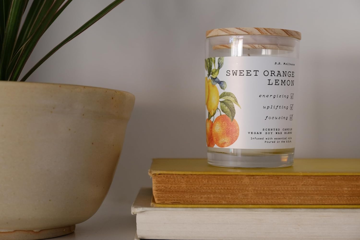 LEOBEN CO – Sweet Orange Lemon Scented Candle – 9oz, B.B. Wellness Collection Design – 50 hr Burn Time – Poured in California Using Vegan Soy Wax and Essential Oils – Made in Small Batches
