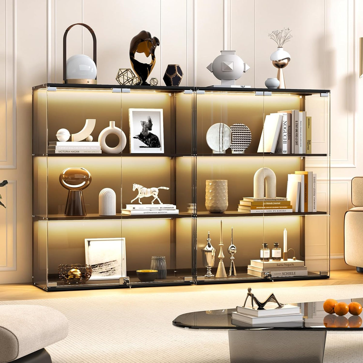 versiontech. glass display cabinet with rgb led lights, front angle view