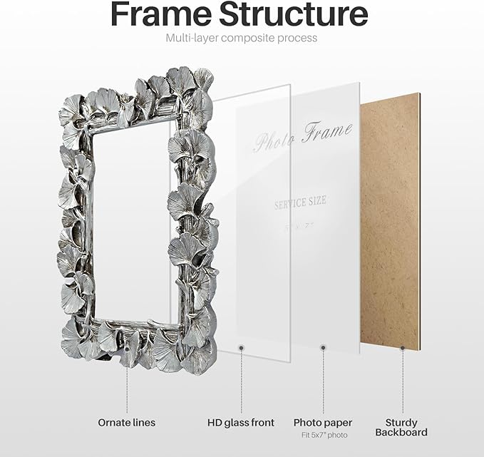 Cuspin Silver 5x7 Picture Frame, Vintage Silver Ornate Leaf Textured Hand-Crafted Resin Frames with Glass Front, Antique Photo Frame for Tabletop Display, Retro Design Home Decor
