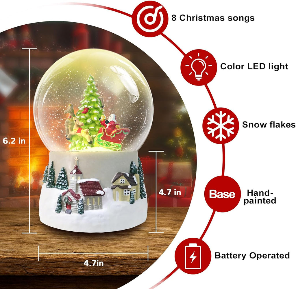 Winter Deer Musical Christmas Snow Globe LED Light Up, Snowflakes Water Globe,120MM 6.7Inch Height Village Water Globe, Valentine's Day Decor, Ideal Gift for Women and Adult.