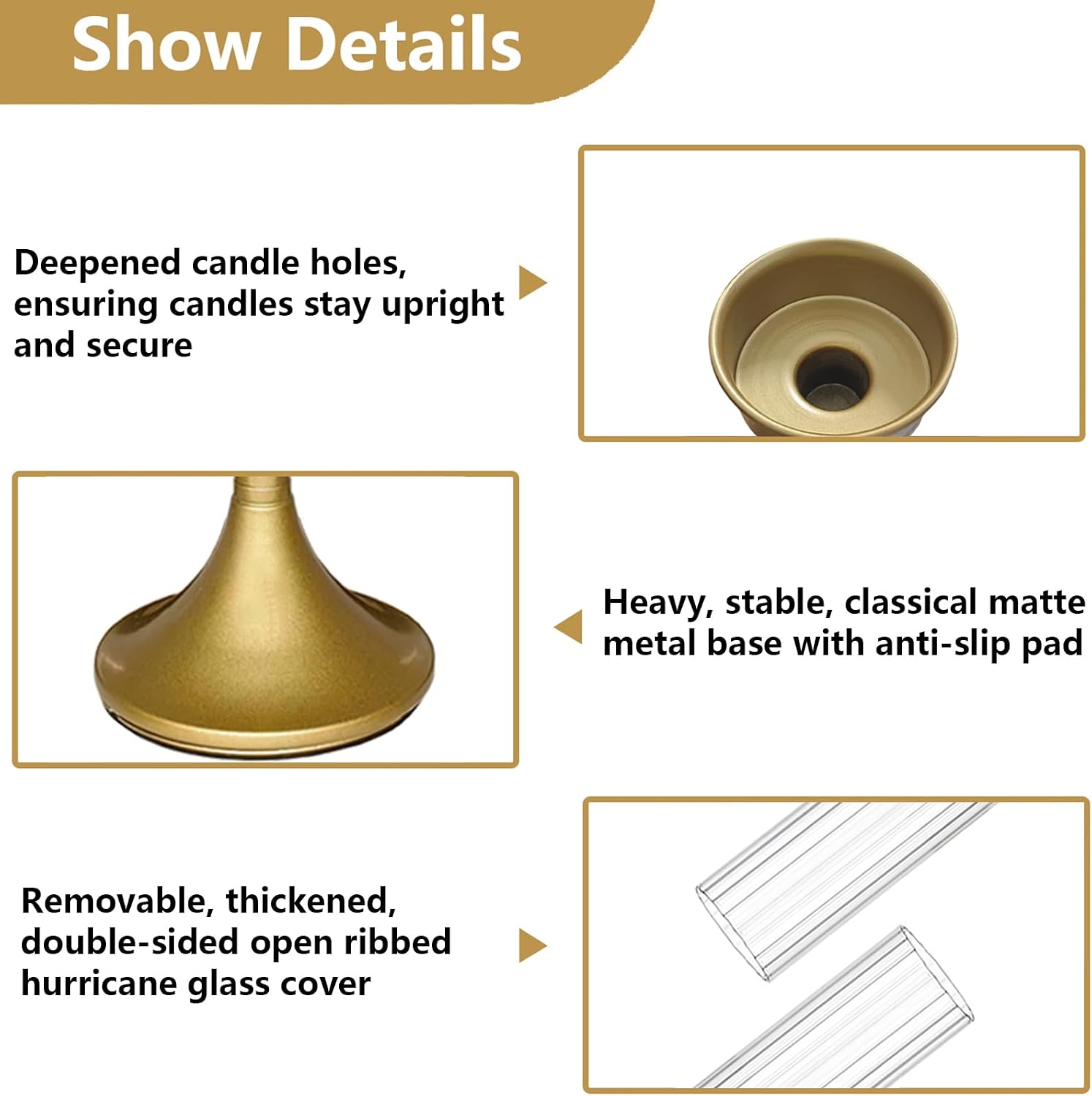 Gold Hurricane Candle Holders - Brass Candlestick Holders Set of 3 Tall Taper Candlesticks Fluted Glass Candle Stick Holder Decor for Wedding Party Christmas Mantel Dining Table Centerpieces