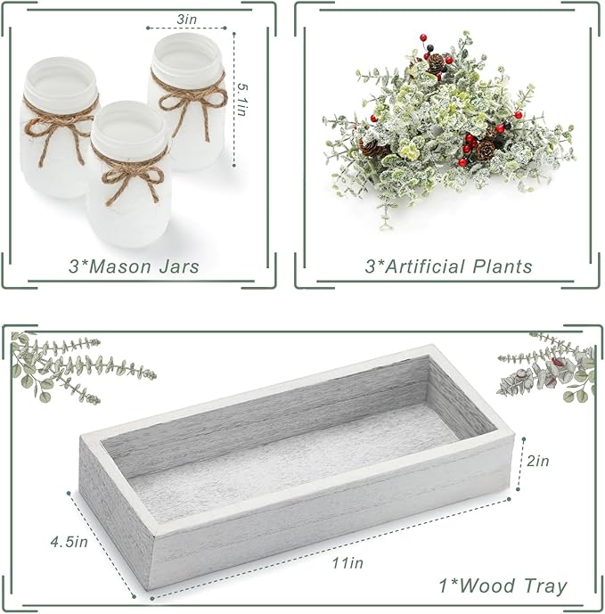 Christmas Mason Jars, Set of 3 White Painted Jars with Artificial Pine and Berries in Wood Tray, Christmas Centerpieces for Dining Table, Winter Home Decor