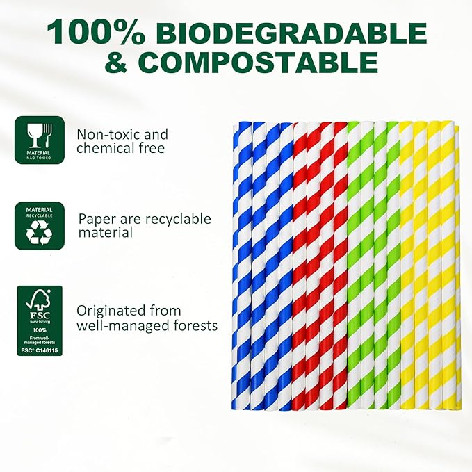 [10mm Wide] 8.5 inch Colossal Paper Straws for Smoothie & Milkshake - Colorful Stripes (Pack of 100)