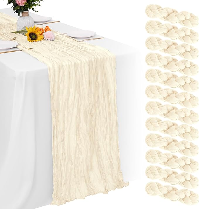 Aktor 12 Pack Ivory Table Runner Boho Cheesecloth Table Runner Semi Sheer Gauze Fabric Runners for Wedding Birthday Baby Shower Party Boho Table Decoration（Ivory）