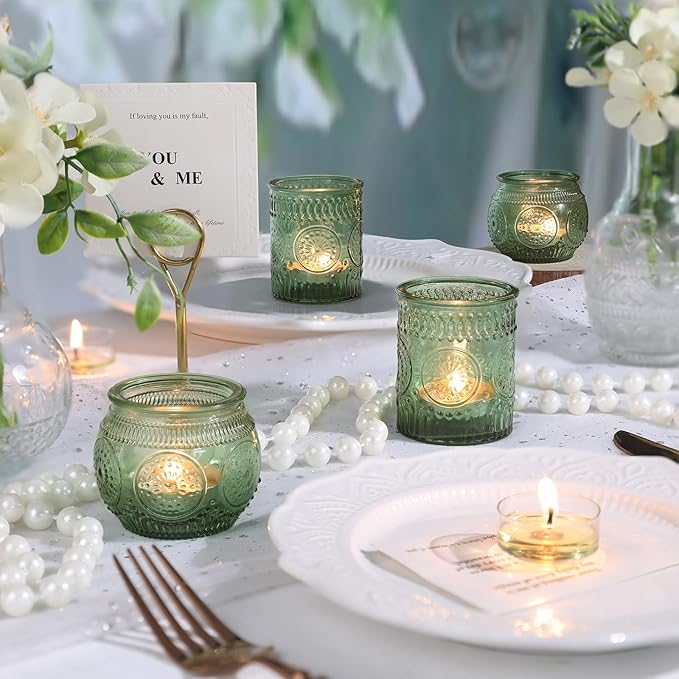 DARJEN 12Pcs Green Votive Candle Holders - Glass Tea Light Candle Holder for Wedding Shower, Candle Holder Bulks for Wedding & Home Table Decor, Vintage Parties Gifts