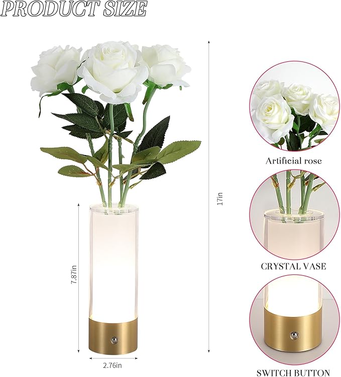Flower Night Light,Touch Vase Lamp,Rechargeable Cordless Table Lamp,Home Decor Lamp for Dining Table/Bed Room/Bathroom/Closet,Gifts for Women/Mom/Girl, Artificial Roses Included