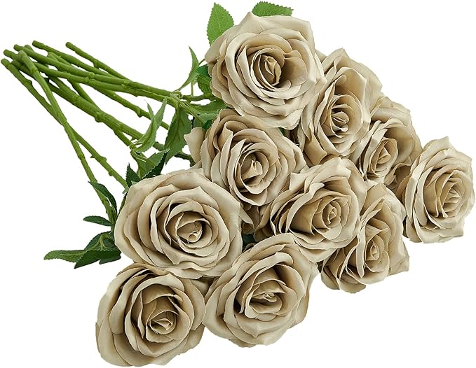 Artificial Rose 10pcs Open Flower Bouquet Faux Rose Stems for Wedding Arrangement, Bridal Bouquet, Centerpiece, Fake Faux Silk Flowers (Sand)