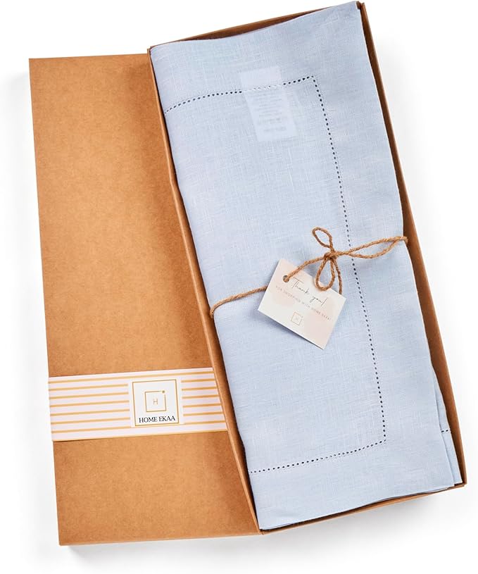 Light Blue Table Runner 72 inches Long – 100% Pure Linen Hemstitch 14 x 72 Inch Table Runner for Dining, Spring, Summer, Wedding Decorations, Gift – Elara