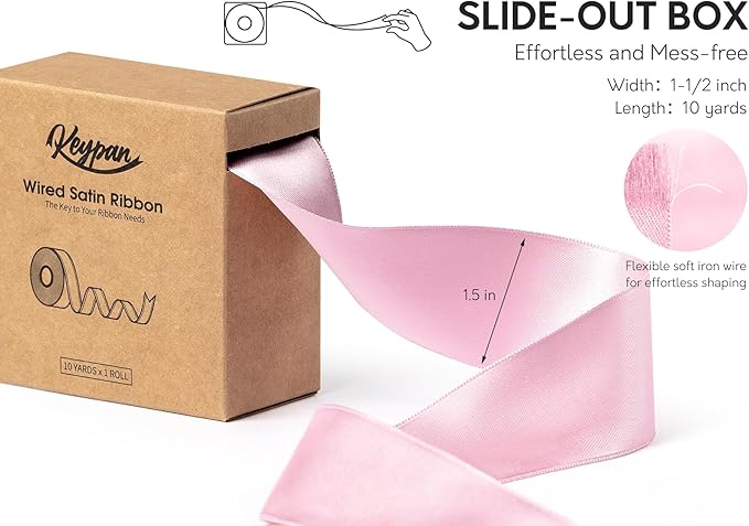 Pink Satin Ribbon Double-Faced Wired Ribbons for Gift Wrapping Flower Bouquet Bows Wedding Invitation Christmas Decor Crafts 1-1/2 Inch 10 Yards