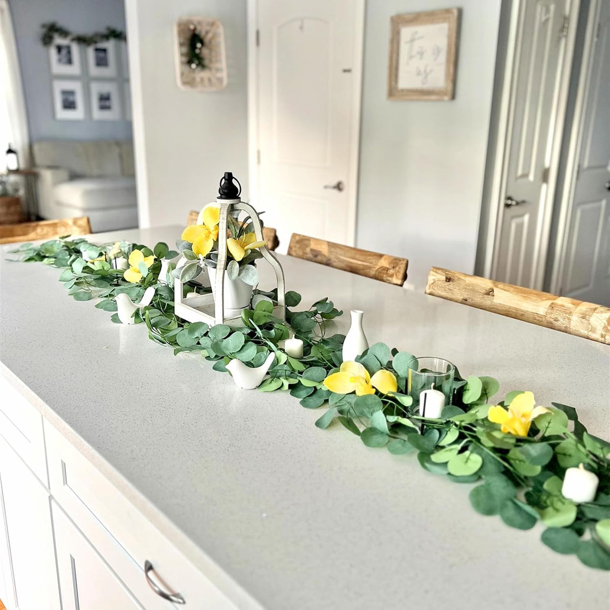 cqure 28 pack 196ft eucalyptus garland,artificial eucalyptus leaves, front angle view