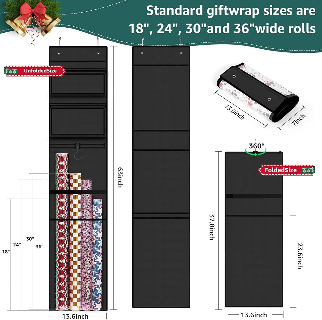 Woodoulogy Wrapping Paper Organizer Storage, Double-Sided Hanging Gift Wrap Roll Holder for Christmas, 63"x13" Over Door Present Bag Container for Room Closet, Black Wrapper Station for Birthday