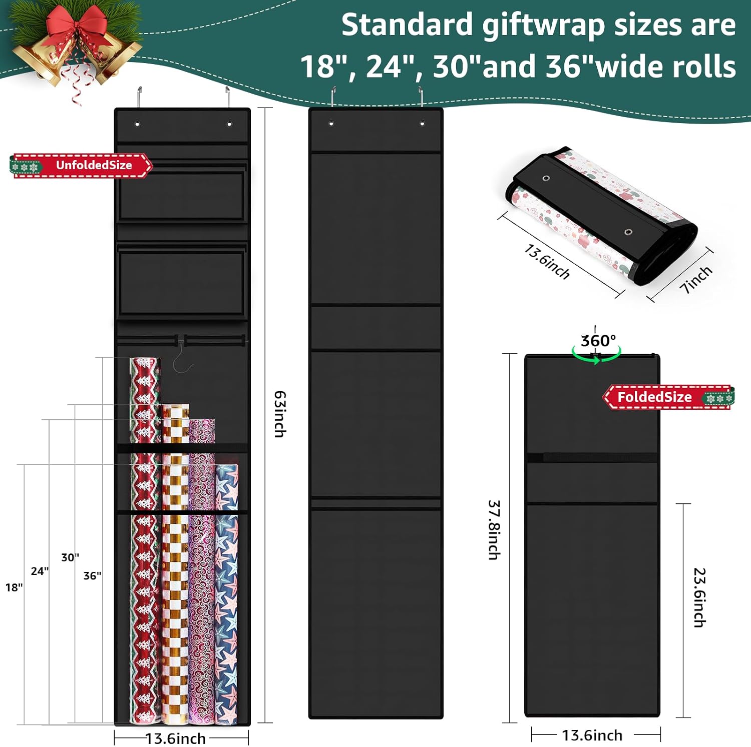 Woodoulogy Wrapping Paper Organizer Storage, Double-Sided Hanging Gift Wrap Roll Holder for Christmas, 63"x13" Over Door Present Bag Container for Room Closet, Black Wrapper Station for Birthday