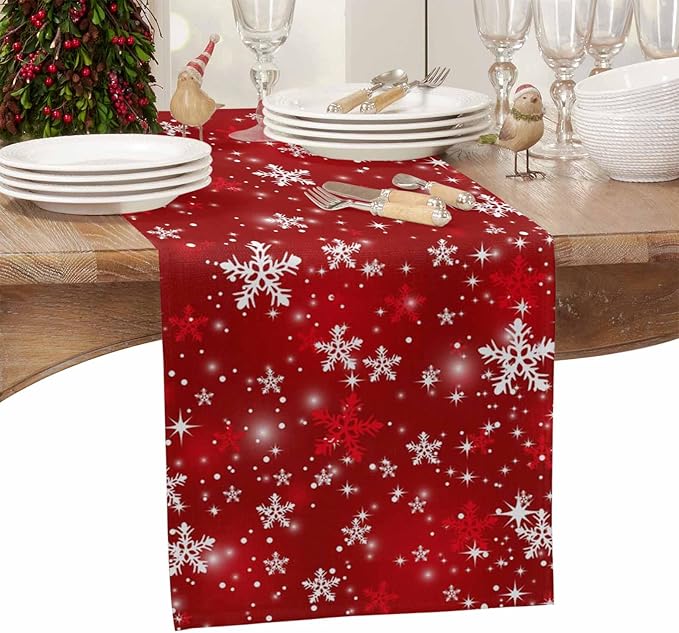 Christmas Snowflakes Cotton Linen Table Runner for Dining Kitchen, Red Xmas Winter Snow Wedding Outdoor Party Tablerunners Decoration, New Year Dresser Scarf Coffee Tablecloth Runners 13x60 Inches