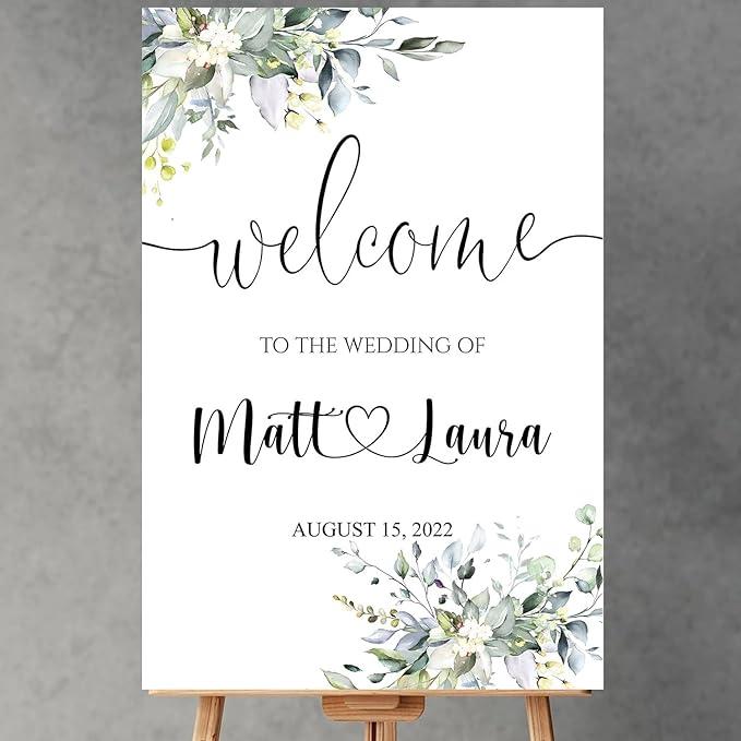 Generic Eucalyptus Wedding Welcome Sign, Editable Plastic Wedding Sign, 12x18, 18x27, 24x36 Inch, 4mm Thick, Weatherproof & Fade-Resistant, Customizable with Names, Date, Message