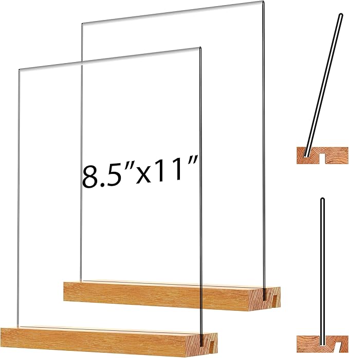 Acrylic Sign Holder with Wood Base 8.5x11 Inch Vertical and Slant Displays (2 Pack 8.5*11")