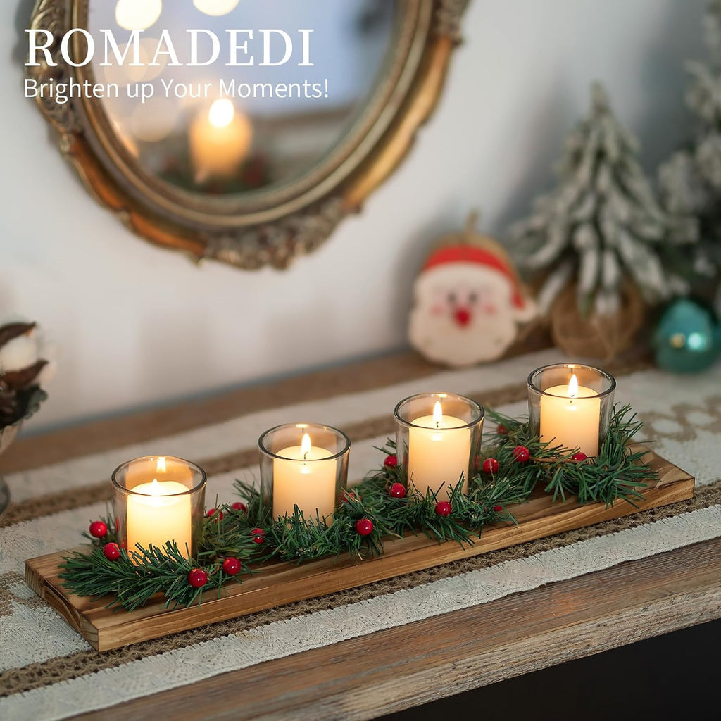 Christmas Candle Holder for Table Centrepiece Decoration: Romadedi Rustic 4 Tealight Holders with Mini Christmas Wreaths Wooden Tray for Xmas Winter Dinner Table Home Decor Gift 16.5 Inches