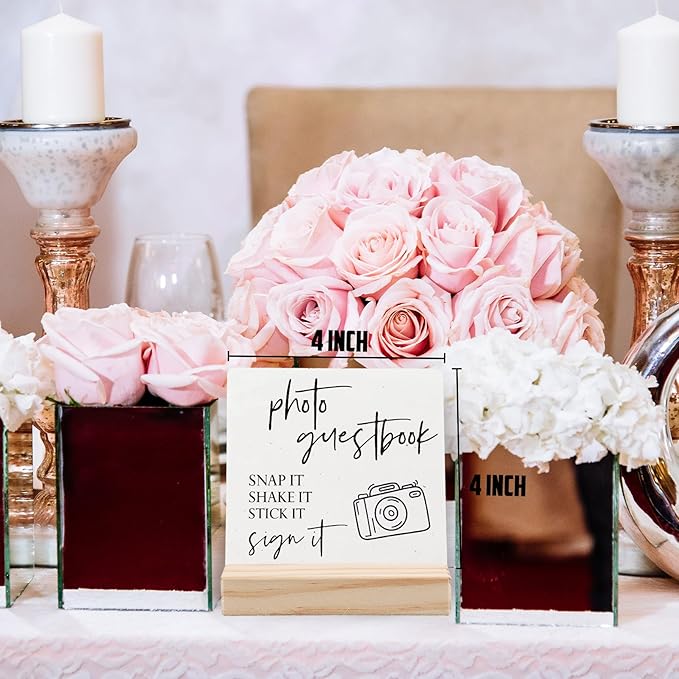 Wedding Guest Book Desk Decor 4x4 Inch, Photo Guest Book Sign Wood Plaque, WeddingGuestBook Sign, Wedding GuestBook Sign Wooden Plaque with Wood Stand for WeddingReception Table Decor
