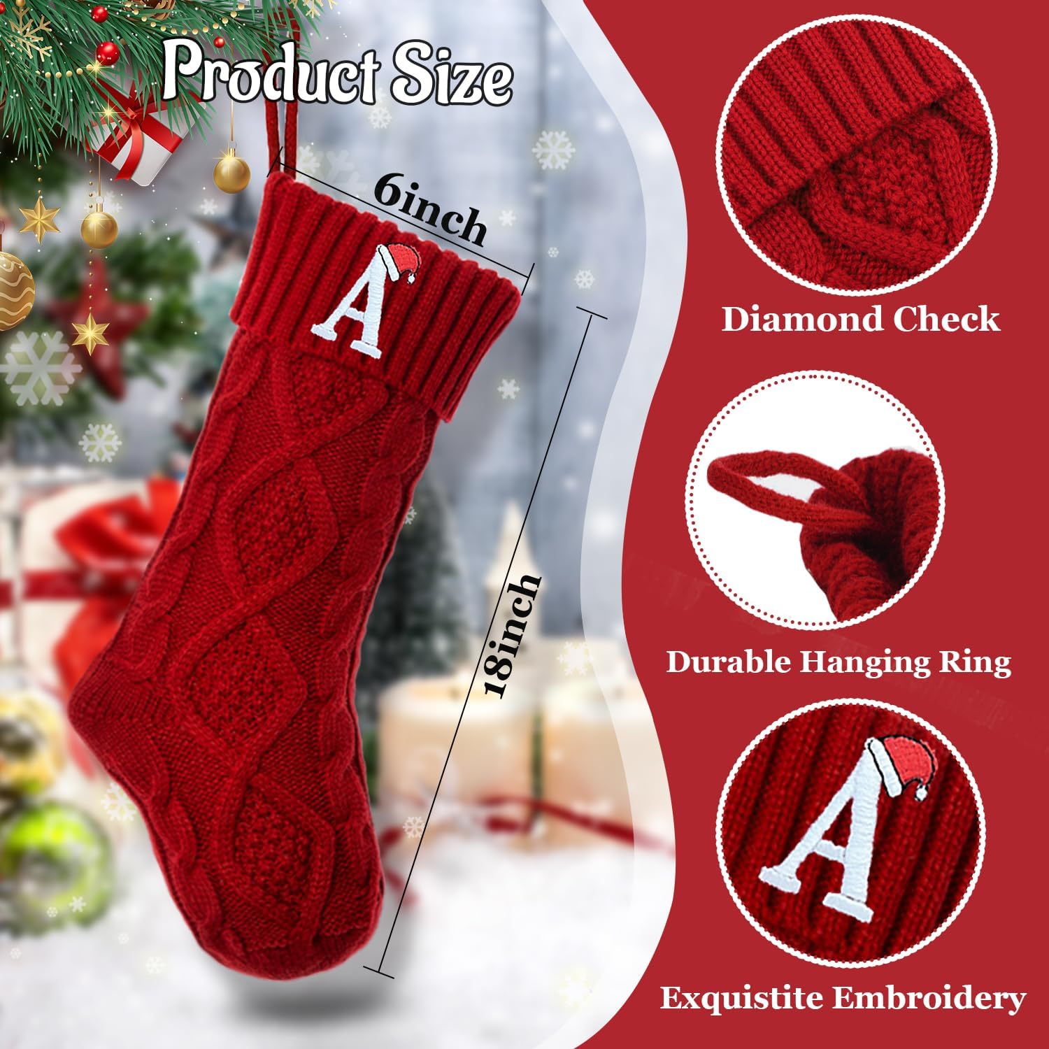 Ulico Christmas Stockings with Initials, 18’’ Large Embroidered Monogram Knit Christmas Stocking,Xmas Stocking for Kids, Holiday and Family Stocking for Fireplace or Party Decoration Red Letter A