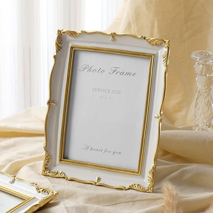 Cuspin Vintage Picture Frame 5x7 Gold Frames, Ornate White and Gold Textured Hand-Crafted Resin Frame with Glass Front, 5 by 7 Antique Photo Frames for Tabletop Display