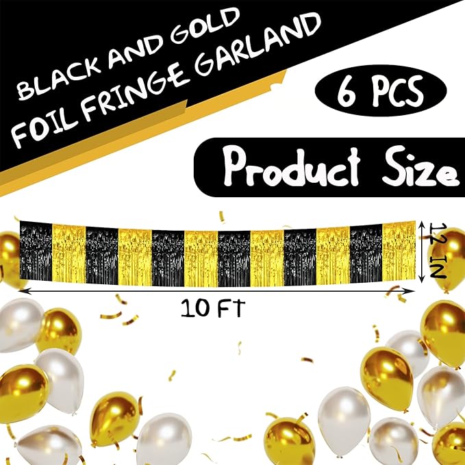 6 Pack 10 Feet Black Gold Foil Fringe Garland Metallic Tinsel Streamers Banner Wall Hanging Curtain Backdrop Banner for Parade Floats, Thanksgiving, Christmas, Birthday, Halloween Party Decorations