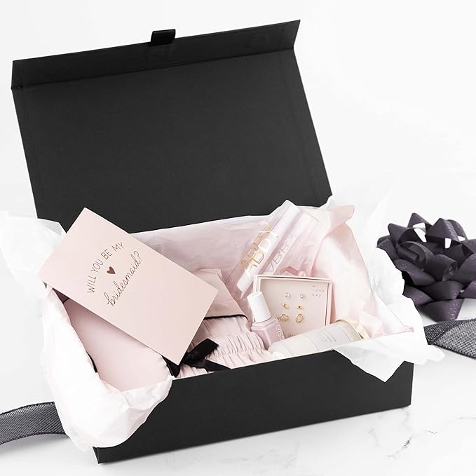 Hard Black Gift Box With Magnetic Closure Lid - 10.5"x7"x3" Pack Of 1 Ribbed Rectangle Favor Boxes For Wedding, Bridesmaid, Groomsman Proposal, Clothing